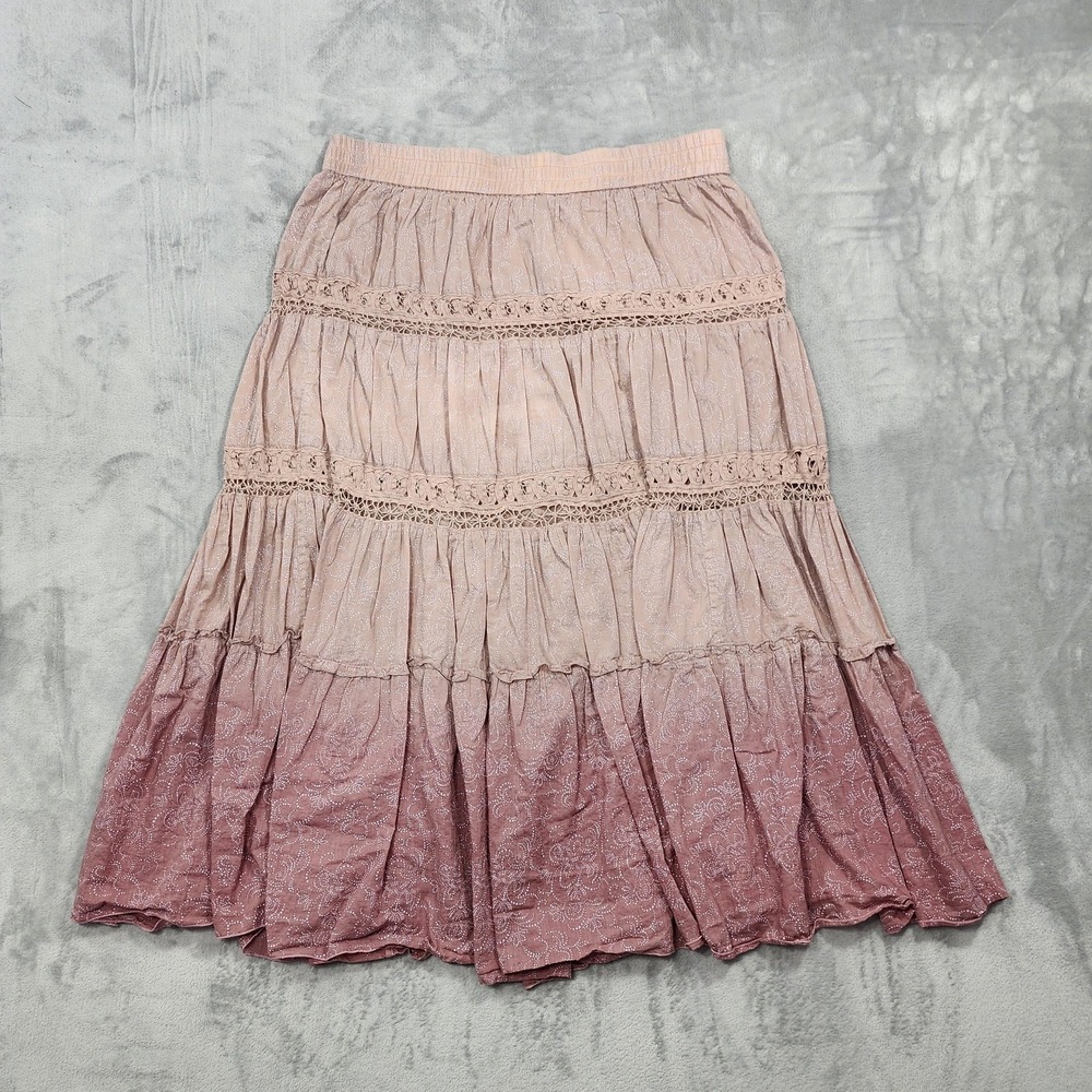 Vintage Nine West Skirt Womens L Pink Paisley Peasant Tiered Lace Boho Cotton - Picture 2 of 10